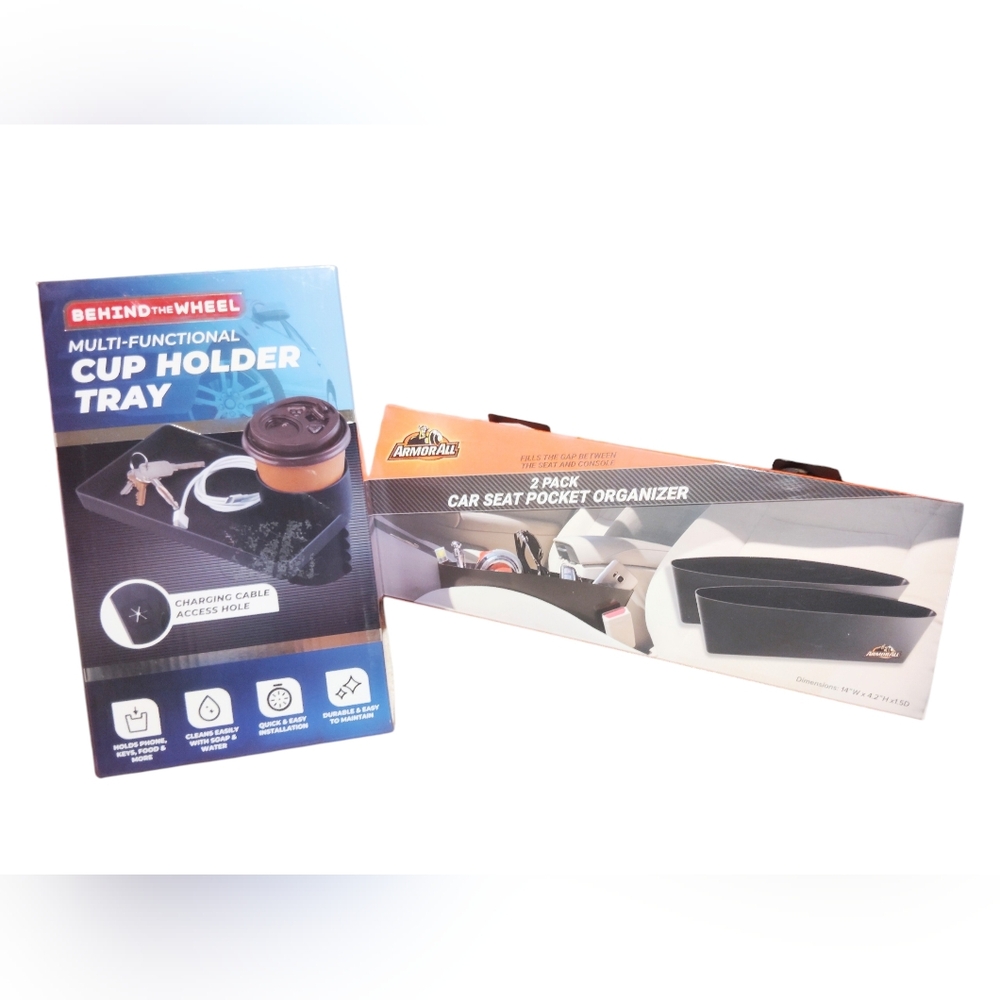 Armor All Car Cup Holder Tray And Car Seat Organizer Pouch Bundle Lot